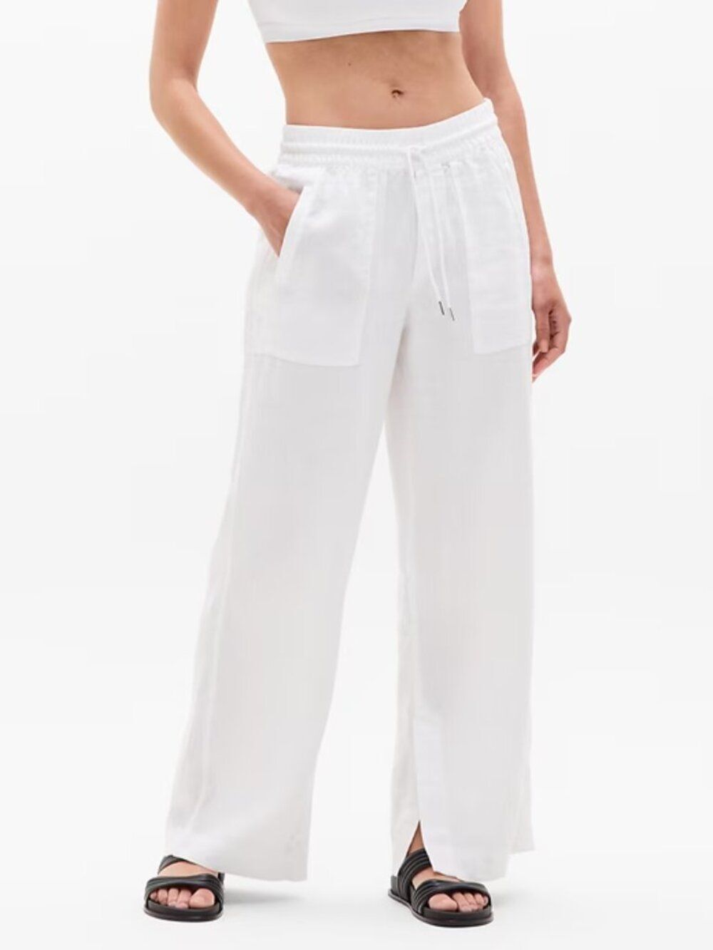 Athleta Retreat Linen High Rise Wide Leg Pant Sz 16 White Coastal Summer Beach